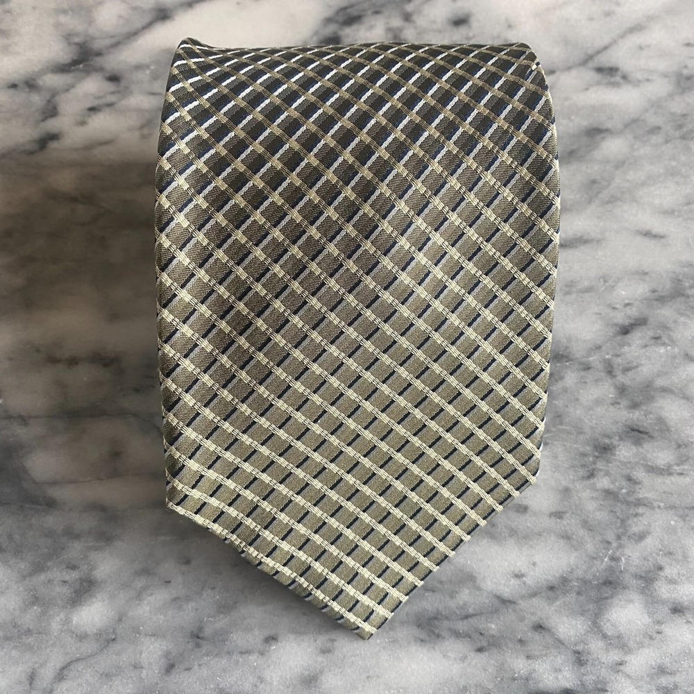 MARKS & SPENCER ITALIAN‎ 100% Silk Olive Cream Black Checkered Tie UK~3.75" J151